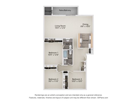 Floor plan for 3 beds, 1.5 baths, 1250 sqft